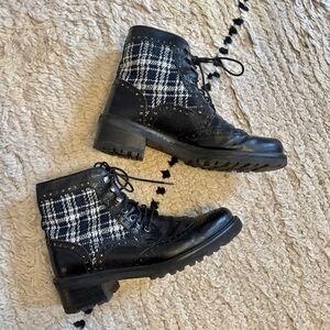 Stuart Weitzman Plaid Leather Lace Up Boots